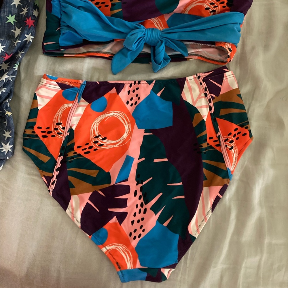 Latched Mama Orange and Blue High Waist Bikini with Nursing Tie-Back Top - Picture 4 of 4
